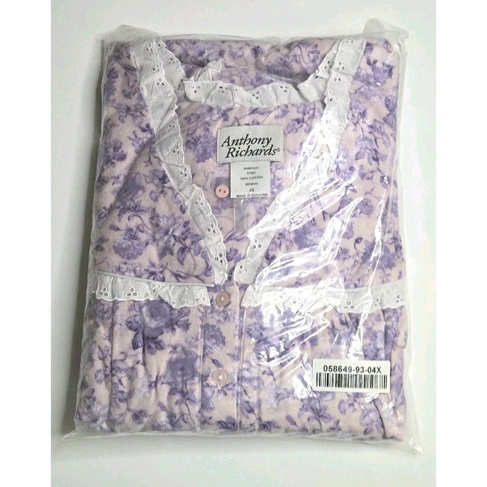 $60 Anthony Richards Nightgown Lilac Floral Cotton Flannel Lace Trim 4X 28W-30W